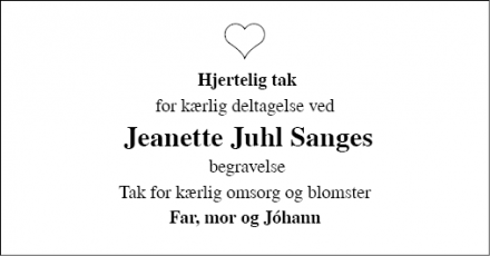 Dødsannoncen for Jeanette Juhl Sanges - Aabenraa