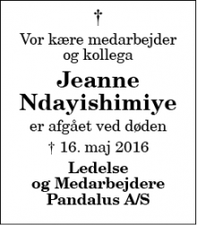 Dødsannoncen for Jeanne Ndayishimiye - Thisted