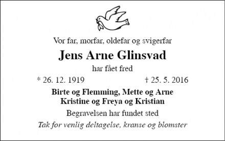 Dødsannoncen for Jens Arne Glinsvad - Aarhus C