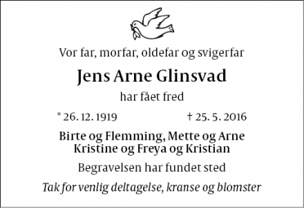 Dødsannoncen for Jens Arne Glinsvad - Aarhus C