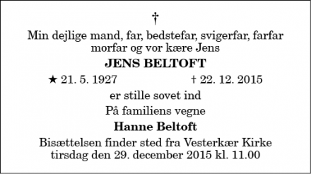 Dødsannoncen for Jens Beltoft - Aalborg