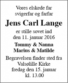 Dødsannoncen for Jens Carl Lange - Svalmstrup, Jystrup