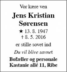 Dødsannoncen for Jens Kristian Sørensen - Ribe