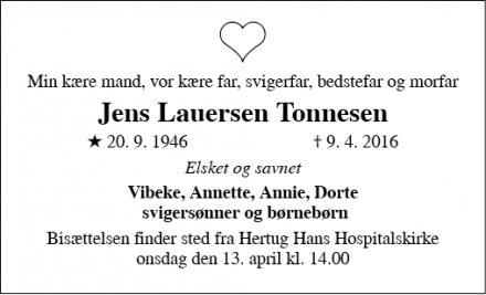 Dødsannoncen for Jens Lauersen Tonnesen - Haderslev