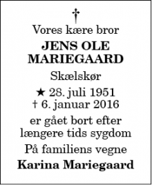 Dødsannoncen for Jens Ole Mariegaard - Skælskør