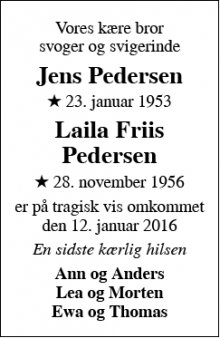 Dødsannoncen for Jens Pedersen og Laila Friis Pedersen - 7270 Stakroge