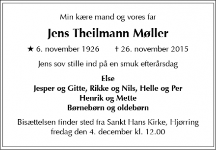 Dødsannoncen for Jens Theilmann Møller - Hjørring