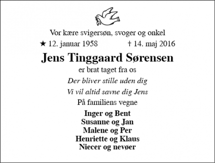 Dødsannoncen for Jens Tinggaard Sørensen - Viborg
