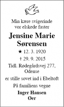 Dødsannoncen for Jensine Marie Sørensen - Odense