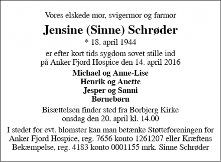 Dødsannoncen for Jensine (Sinne) Schrøder - Borbjerg, Holstebro