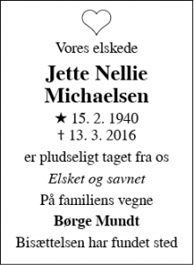 Dødsannoncen for Jette Nellie Michaelsen - Vordingborg