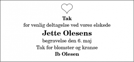 Dødsannoncen for Jette Olesen - Gjøl 9440 Aabybro