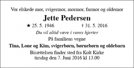 Dødsannoncen for Jette Pedersen - Skanderborg