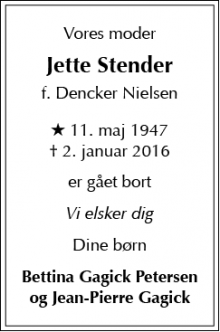 Dødsannoncen for Jette Stender - Antibes, Frankrig