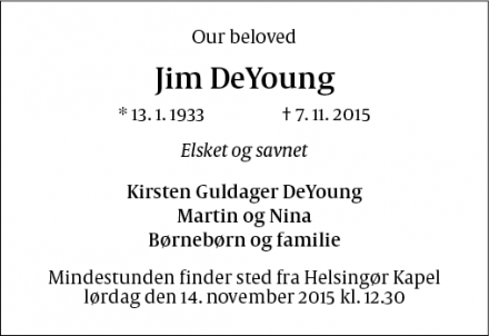 Dødsannoncen for Jim DeYoung - Helsingør