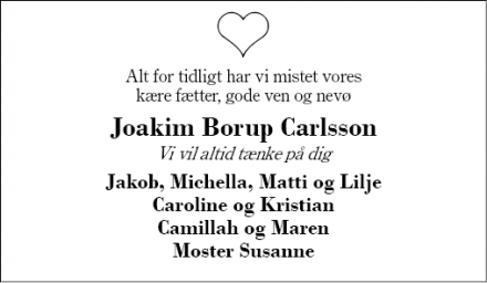 Dødsannoncen for Joakim Borup Carlsson - Herning