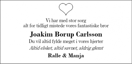 Dødsannoncen for Joakim Borup Carlsson - Herning