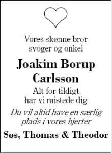 Dødsannoncen for Joakim Borup Carlsson - Herning