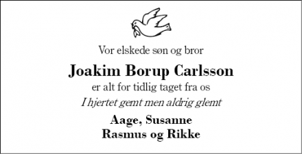 Dødsannoncen for Joakim Borup Carlsson - Herning