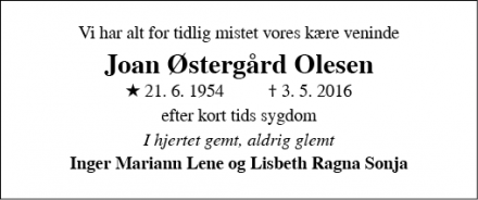 Dødsannoncen for Joan Østergård Olesen - Horsens