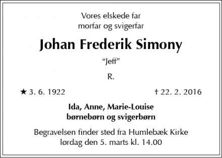 Dødsannoncen for Johan Frederik Simony - Virum