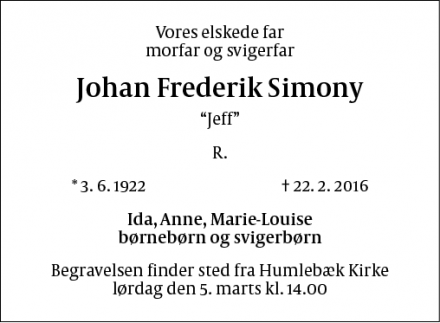 Dødsannoncen for Johan Frederik Simony - Virum