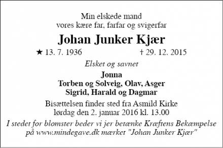 Dødsannoncen for Johan Junker Kjær - Viborg