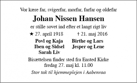 Dødsannoncen for Johan Nissen Hansen - Aabenraa