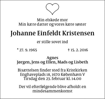 Dødsannoncen for Johanne Einfeldt Kristensen - København, Vesterbro