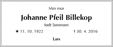 Dødsannoncen for Johanne Pfeil Billekop  - Randers