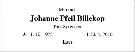 Dødsannoncen for Johanne Pfeil Billekop  - Randers