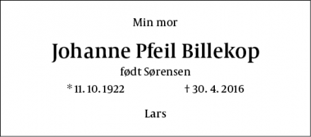 Dødsannoncen for Johanne Pfeil Billekop  - Randers