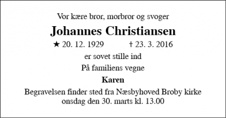 Dødsannoncen for Johannes Christiansen - Næsbyhoved Broby