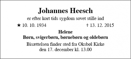Dødsannoncen for Johannes Heesch - Nordborg