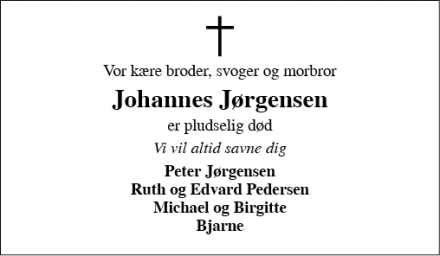 Dødsannoncen for Johannes Jørgensen - Bækmarksbro