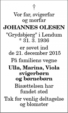 Dødsannoncen for Johannes Olesen - Lendum