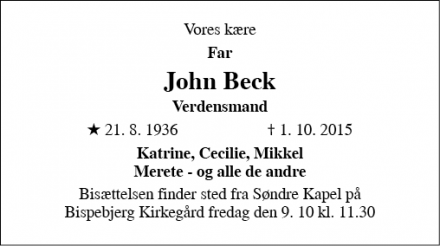 Dødsannoncen for John Beck - København