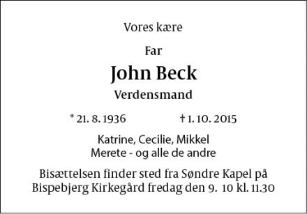 Dødsannoncen for John Beck - København