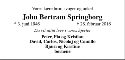 Dødsannoncen for John Bertram Springborg - Stege