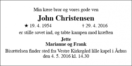 Dødsannoncen for John Christensen - Århus
