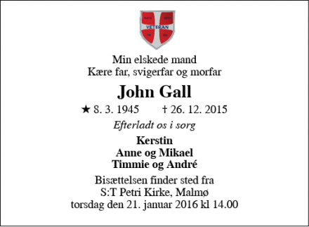 Dødsannoncen for John Gall - Malmö