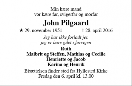 Dødsannoncen for John Pilgaard - Slagelse