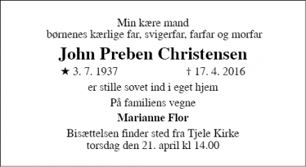 Dødsannoncen for John Preben Christensen - Foulum 8830 Tjele