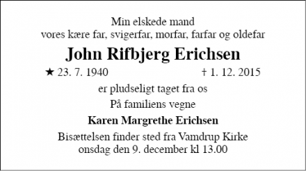 Dødsannoncen for John Rifbjerg Erichsen - Vamdrup