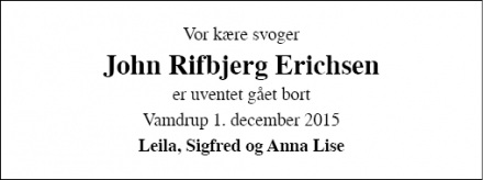 Dødsannoncen for John Rifbjerg Erichsen - Vamdrup