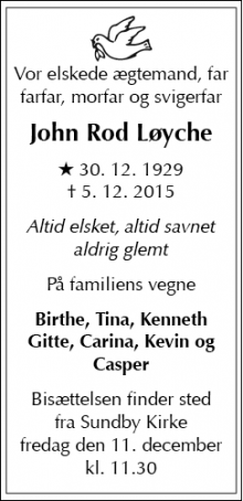 Dødsannoncen for John Rod Løyche - Brønshøj/København