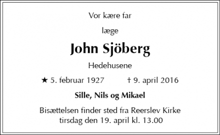 Dødsannoncen for John Sjöberg - Kolding
