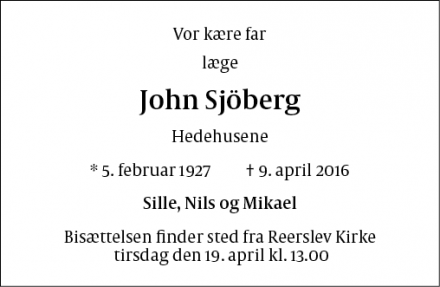 Dødsannoncen for John Sjöberg - Kolding