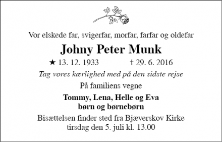 Dødsannoncen for Johny Peter Munk - Køge