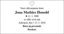 Dødsannoncen for Jona Mathies Hunold - Aabenraa
